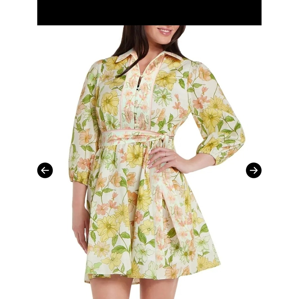 Hermoza Yellow &‎ Peach Floral Belted Mini Dress Nwt Large